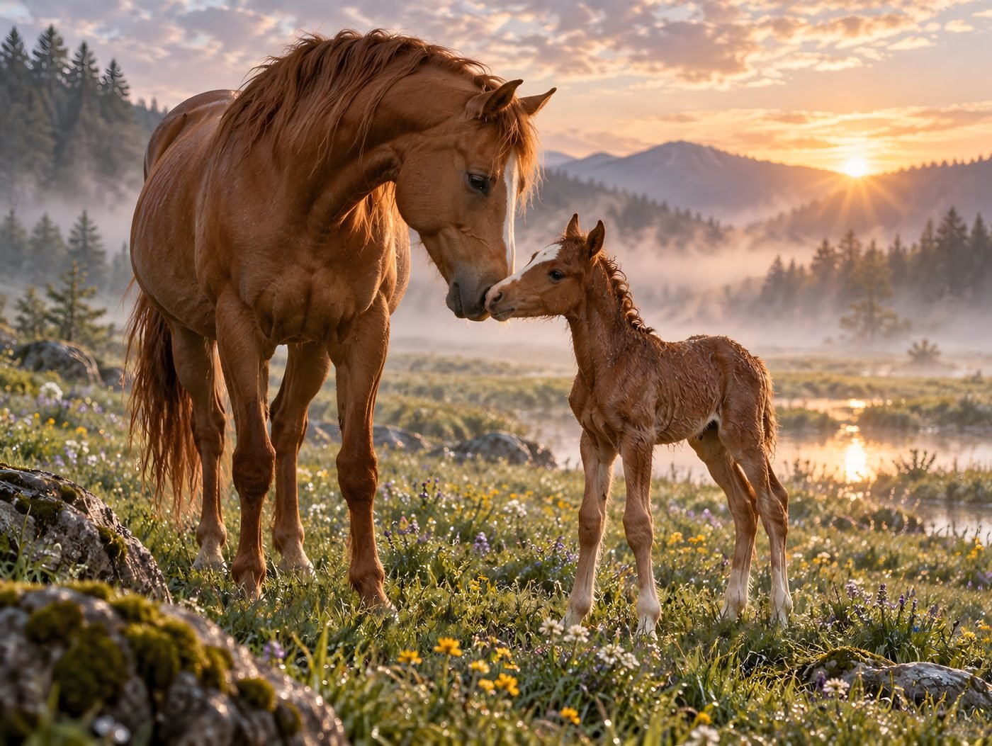 Stute und Fohlen im Morgennebel